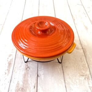 Stoneware Serving Bowl Dish with Lid & Stand Orange & Red Color 12in Wide
